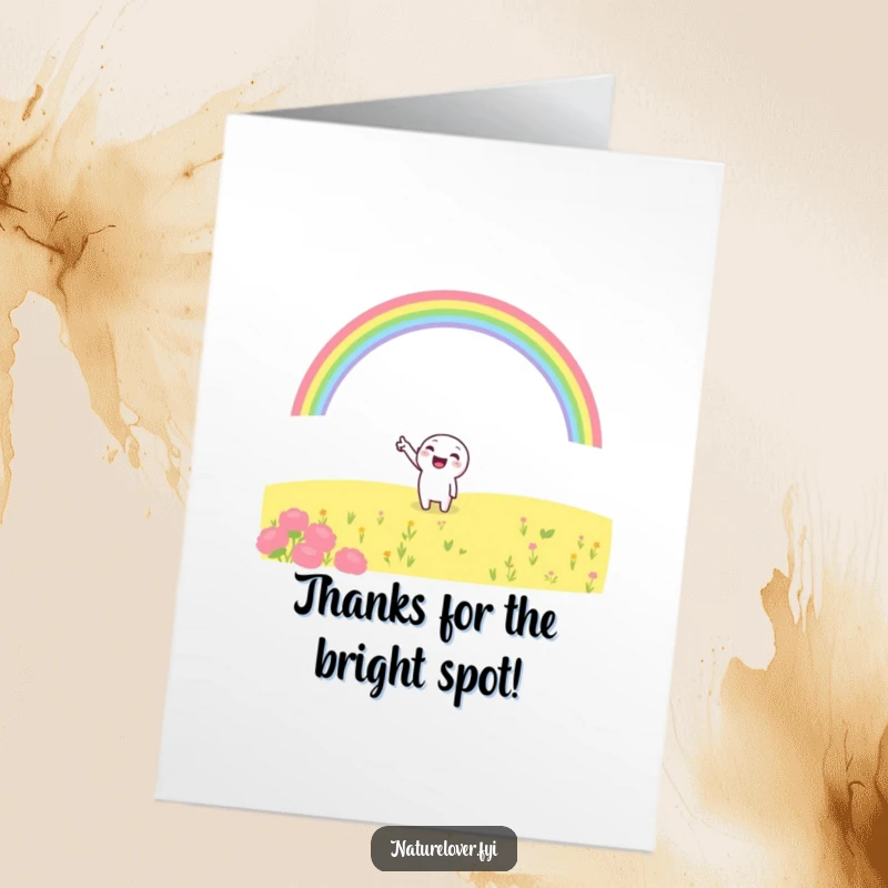 Funny Free Printable Thank You Card: Cheerful character points to a rainbow, sending thanks with bright energy.