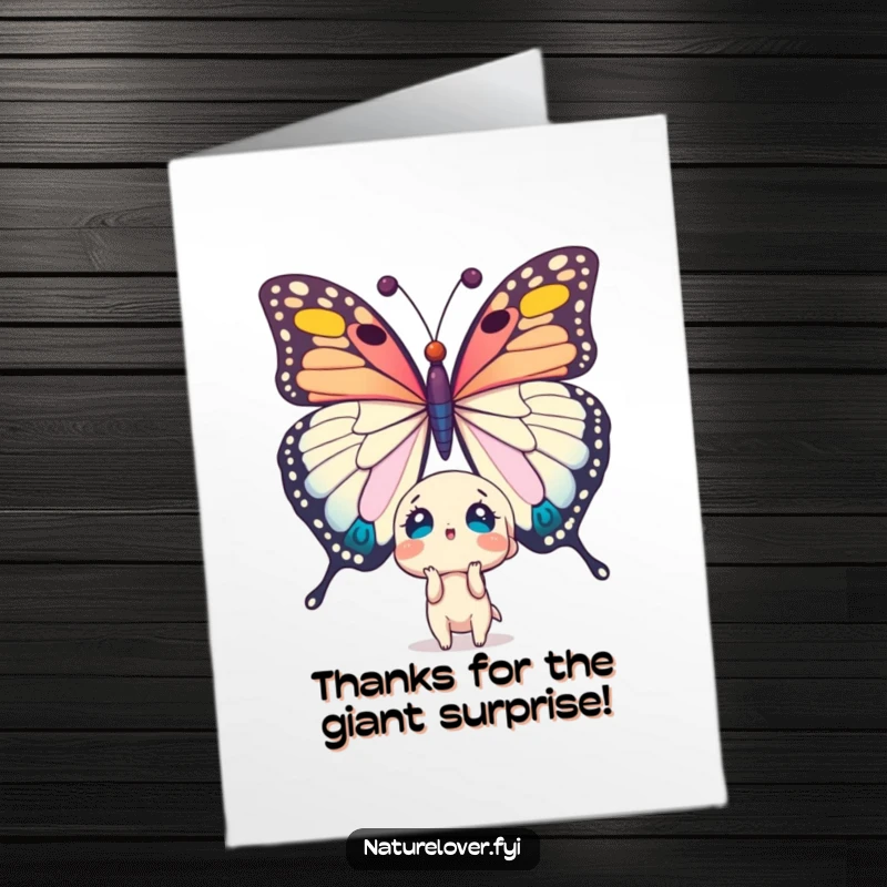 Funny Free Printable Thank You Card: Cute character with a shocked expression gazing at a massive butterfly, a humorous thank you.