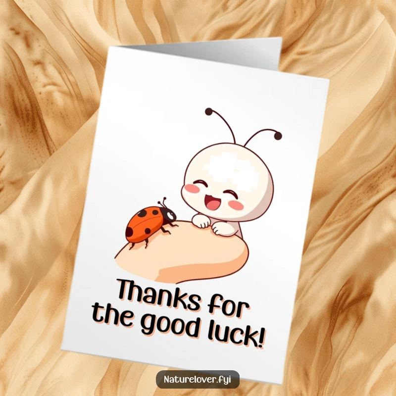 Funny Free Printable Thank You Card: Small character laughs with delight as a ladybug crawls on its finger, a sweet thank you.