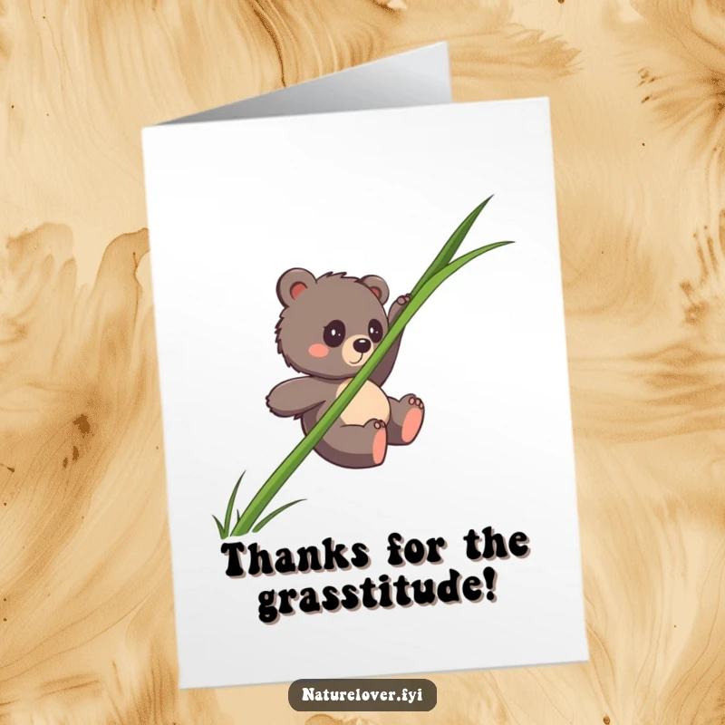 Funny Free Printable Thank You Card: A cute, clumsy bear cub sliding down a massive single blade of grass.