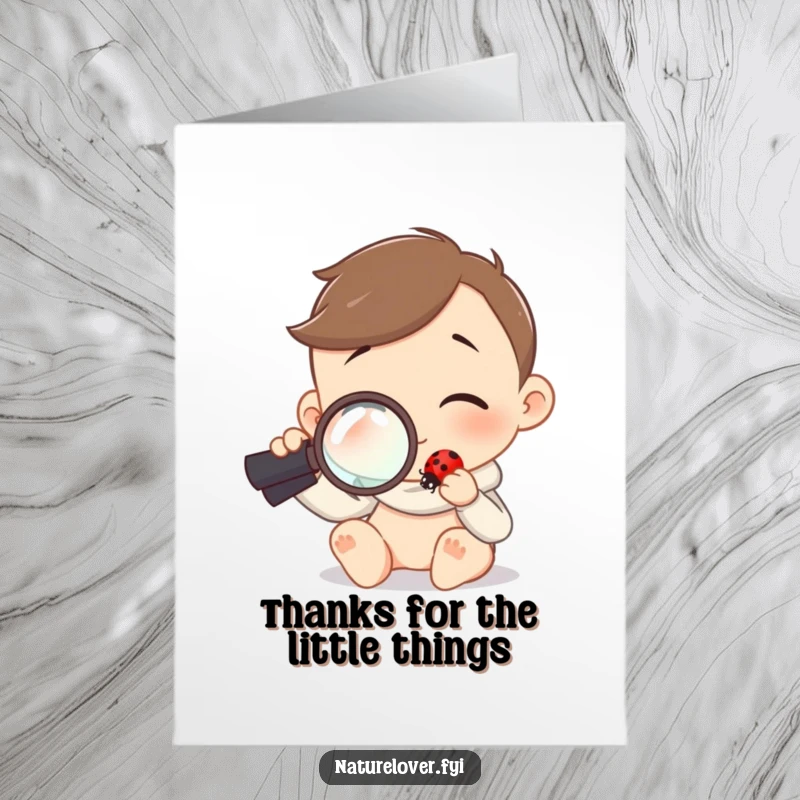 Funny Free Printable Thank You Card: Character holds magnifying glass, curiously examining a tiny ladybug, a detailed downloadable gift.