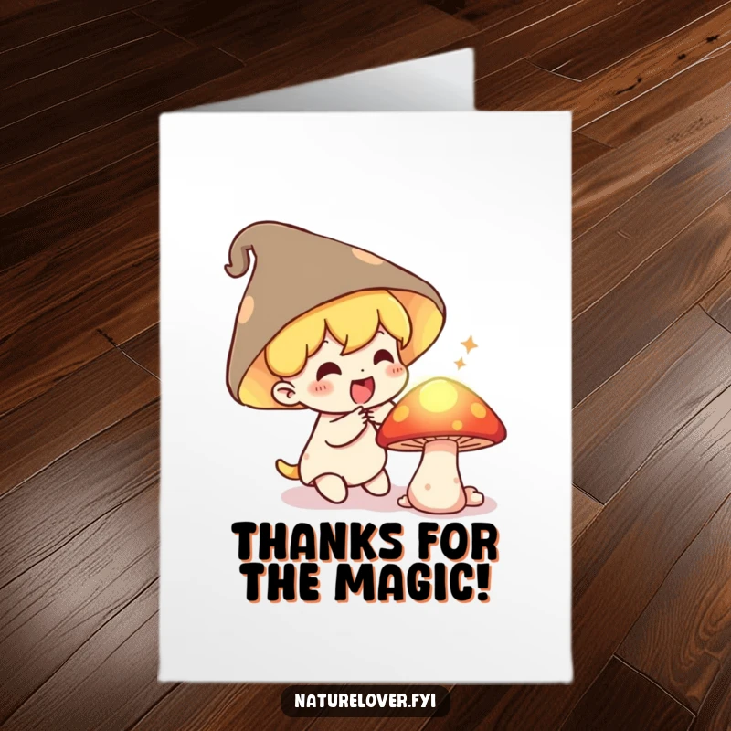 Funny Free Printable Thank You Card: Small character gasping with delight at a secret, glowing mushroom, a magical expression of thanks.