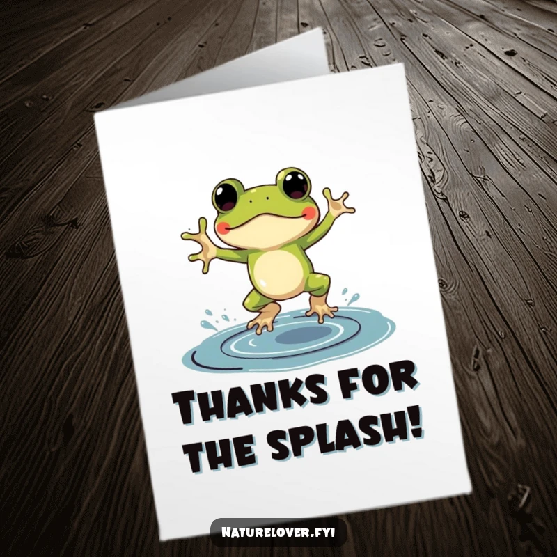 Funny Free Printable Thank You Card: A frog in galoshes enthusiastically jumps in an oversized ink puddle, expressing funny gratitude.