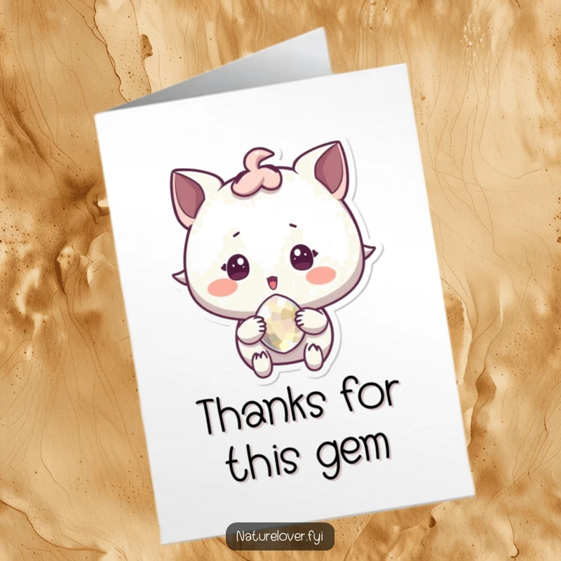 Funny Free Printable Thank You Card: Character looks delighted holding a sparkling pebble, a treasure for a downloadable thank you.