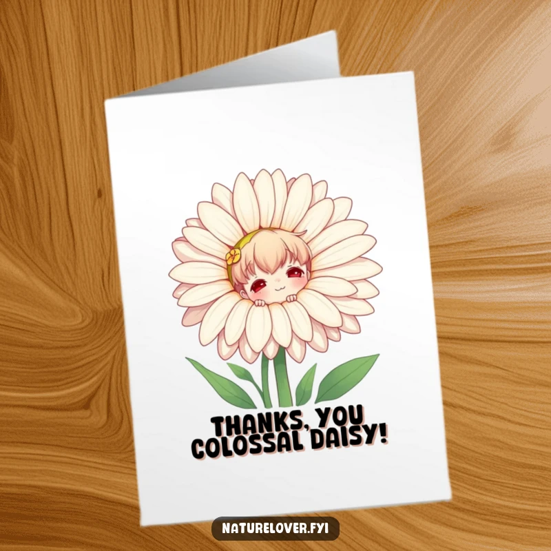 Funny free printable thank you card, nature lover character hiding behind a huge daisy, offering thanks.