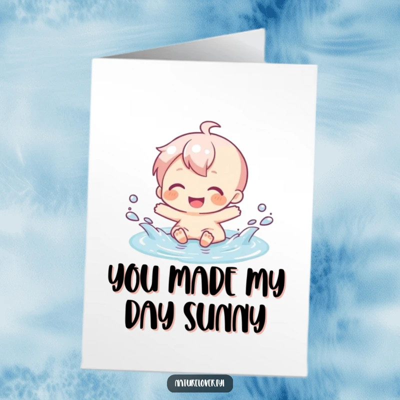 Funny Free Printable Thank You Card: Character gleefully splashing in a tiny puddle, pure happiness captured.