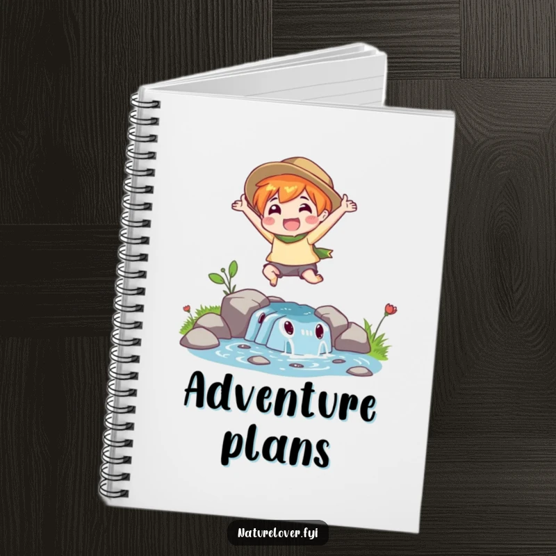 Funny Adventure Log Notebook: A nature lover character leaps over a stream, a humorous cover for your adventures.