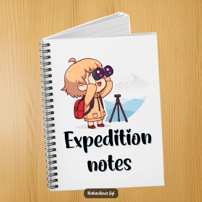 Funny notebook cover featuring a character with binoculars looking at a distant mountain, perfect for a funny adventure journal.