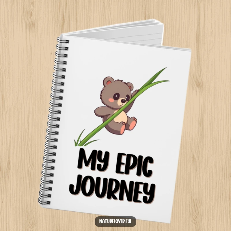 Funny bear cub notebook featuring a clumsy cub sliding down a single, enormous blade of grass, for notes and plans.