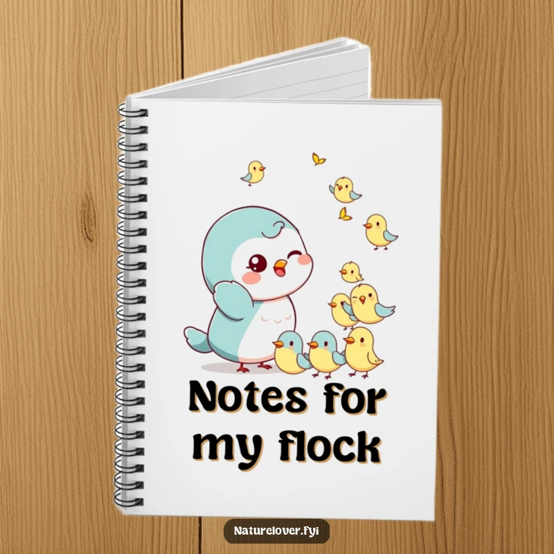 Funny Notebook: A small character gives a playful wink while waving at tiny, cheerful birds, ideal for jotting down friendly thoughts.