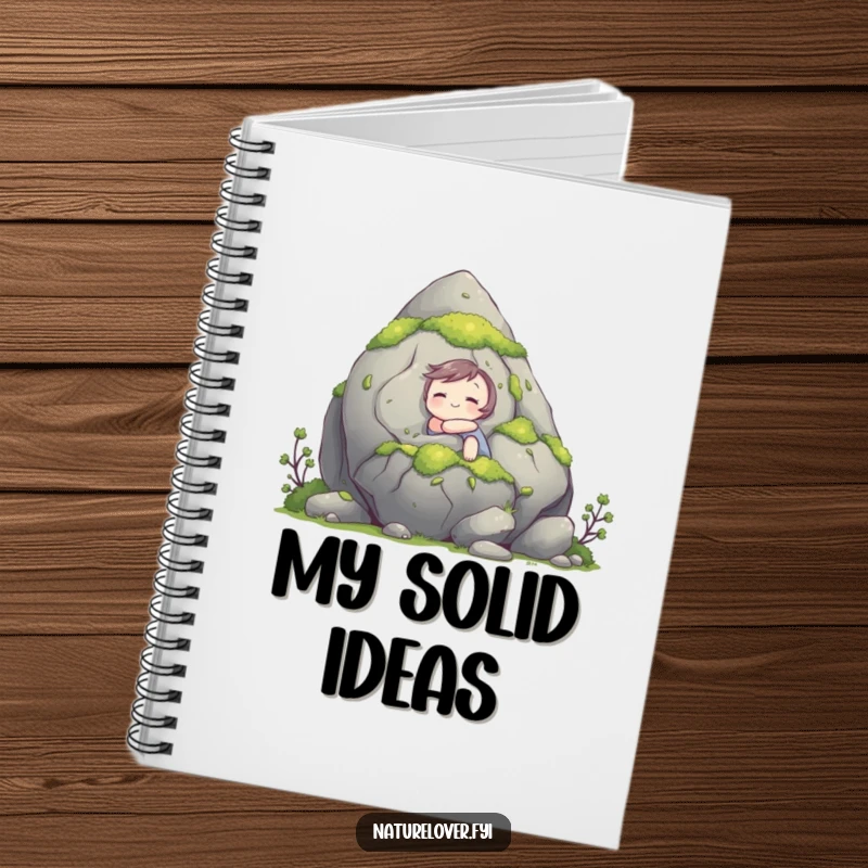 Funny notebook cover with a cute character hugging a large, mossy rock, symbolizing a deep connection with nature and inner peace.