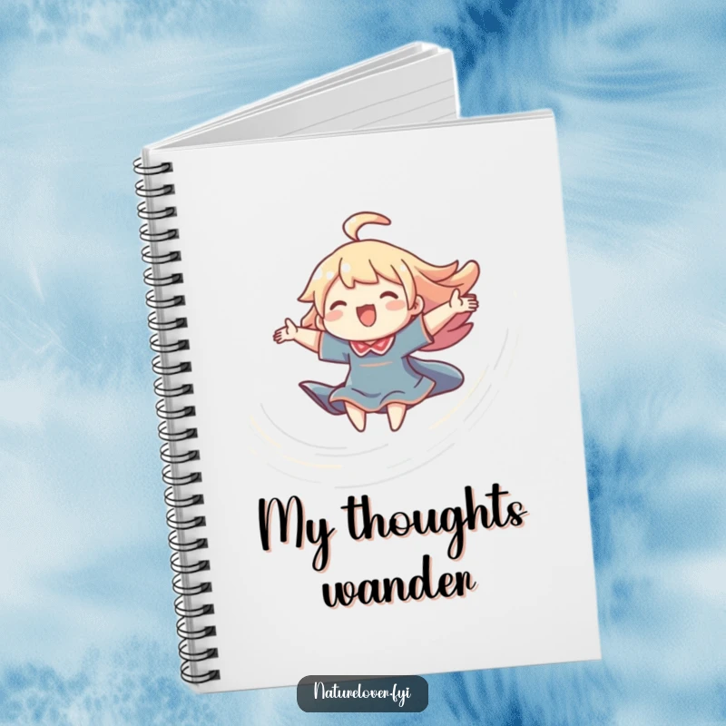 Funny joyful breeze notebook with a character riding a swirling breeze, perfect for jotting down free-spirited thoughts.