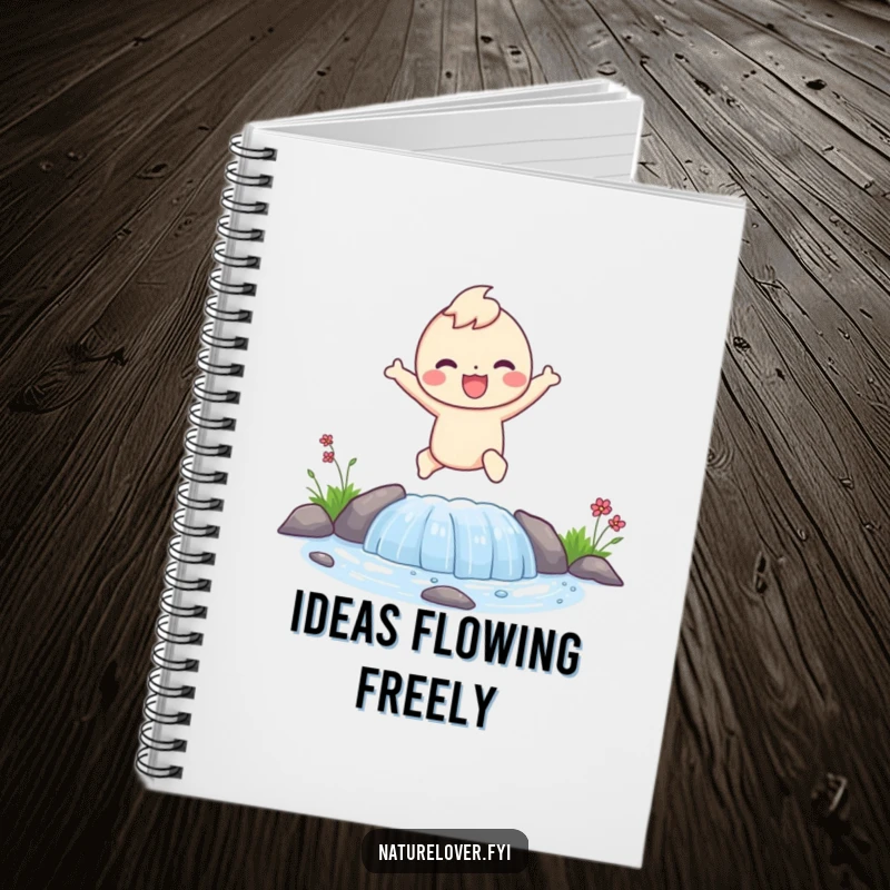 Funny notebook cover with a happy character joyfully leaping over a small stream, perfect for energetic notes.