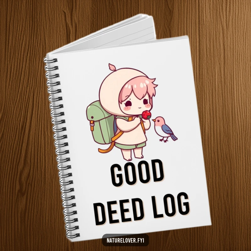 Funny notebook cover featuring a cute character offering a berry to a small bird, perfect for a funny kindness journal.