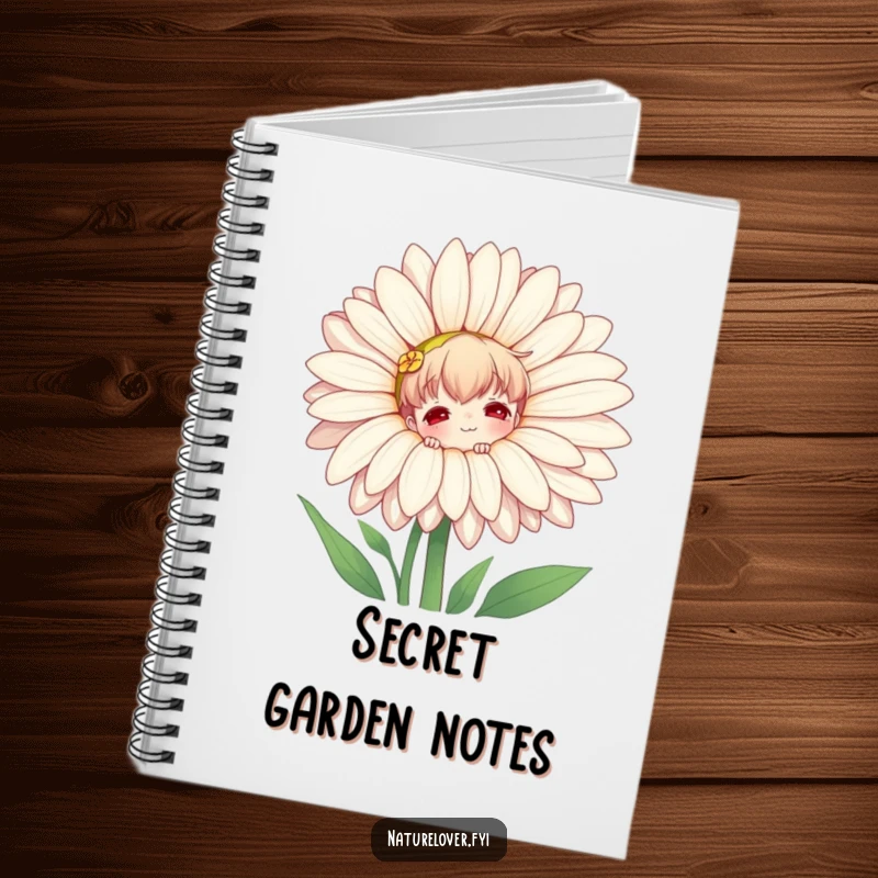 Funny notebook cover with a nature lover character playfully peeking from behind a large daisy, inspiring garden journaling and creative thoughts.