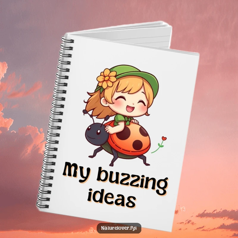 Funny notebook cover with a nature lover character giggling while riding on a massive, friendly ladybug, perfect for journaling.