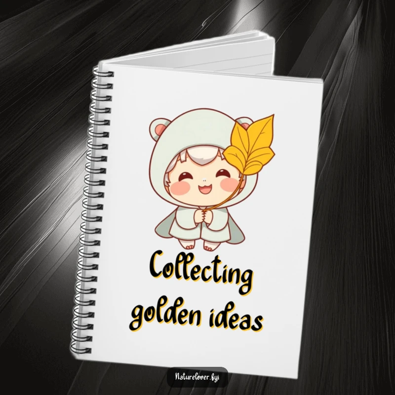 Funny notebook cover with a smiling character catching a golden leaf from a breeze, ideal for humorous notes and ideas.