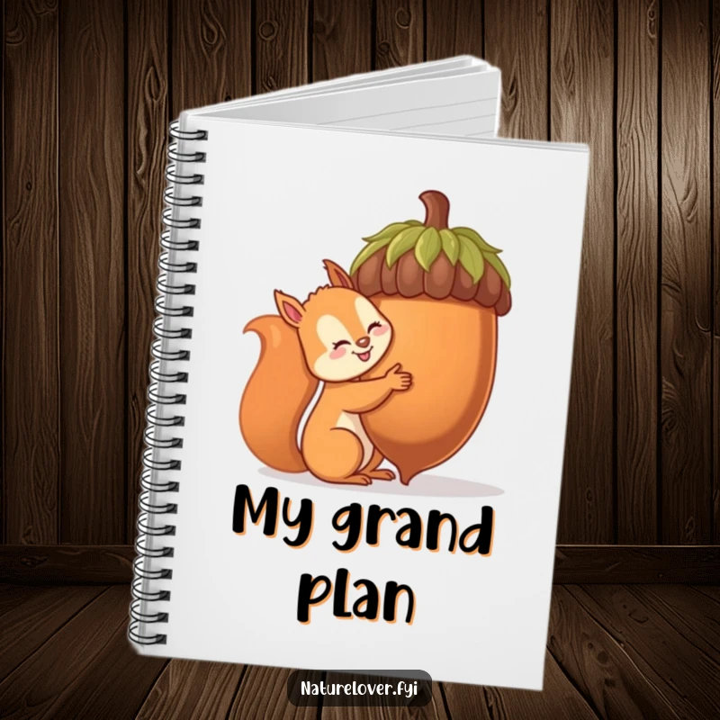 Funny squirrel notebook featuring a cheerful squirrel hugging a comically large acorn, perfect for jotting down notes and ideas.