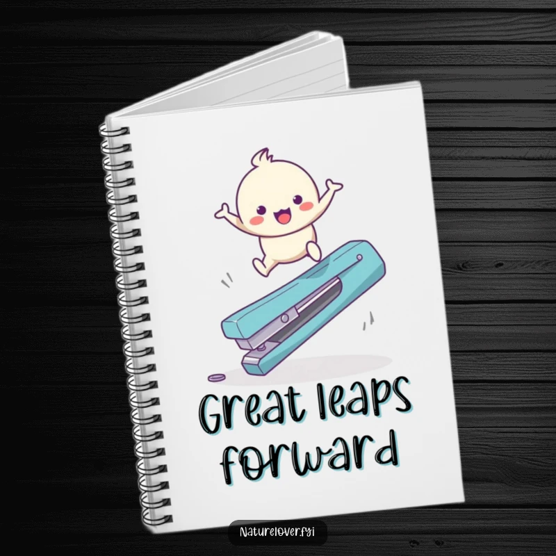 Funny Notebook: A cute character with a happy bounce leaps over a giant fallen twig, ideal for jotting down energetic thoughts.