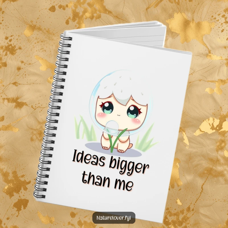 Funny Notebook: A cute character with wide, curious eyes contemplates a giant, shimmering dewdrop, perfect for jotting down inspired thoughts.