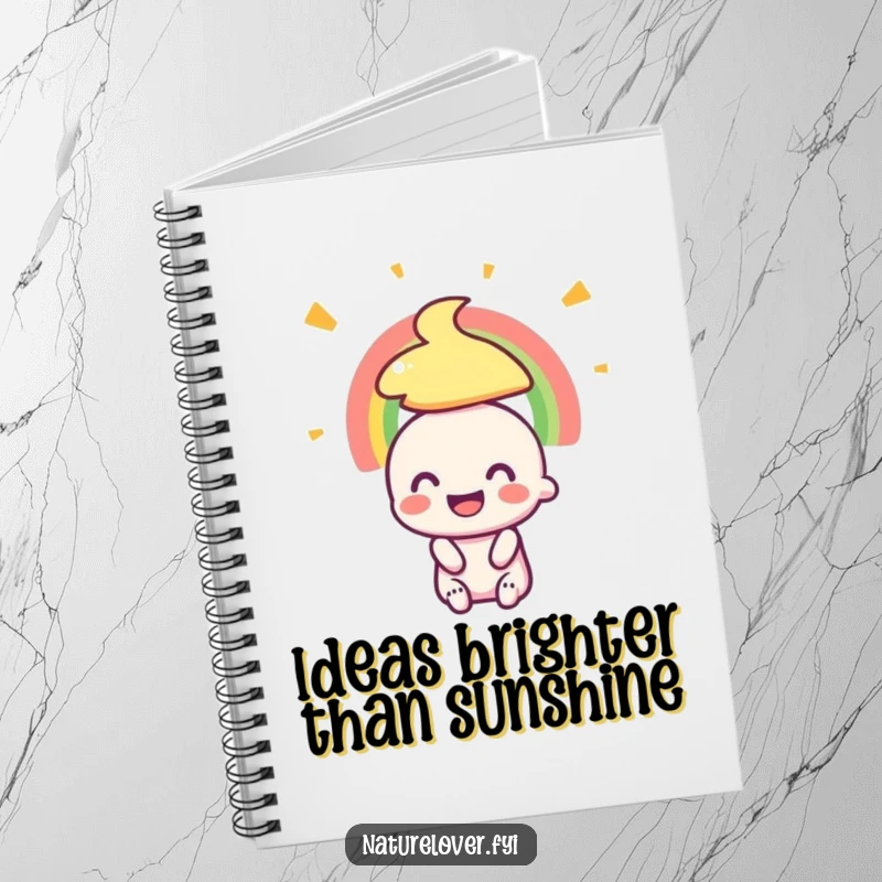 Funny notebook featuring a tiny character's huge smile admiring a spectacular rainbow, perfect for jotting down happy thoughts.