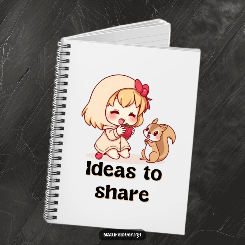 Funny notebook cover with a character sharing a berry with a squirrel, encouraging notes on kindness and friendship.