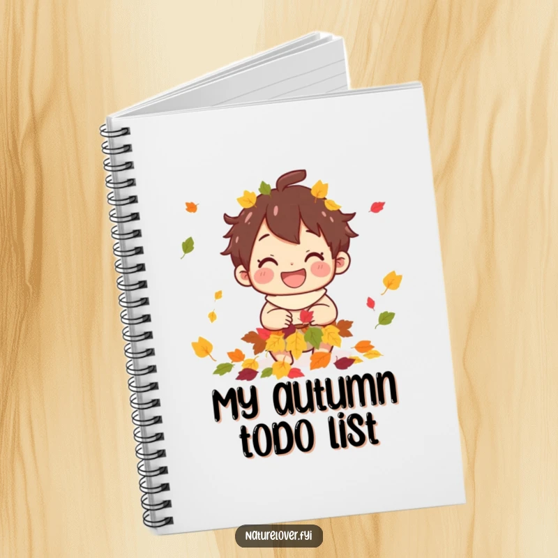 Funny notebook cover illustrating a grinning character collecting vibrant autumn leaves, perfect for journaling.