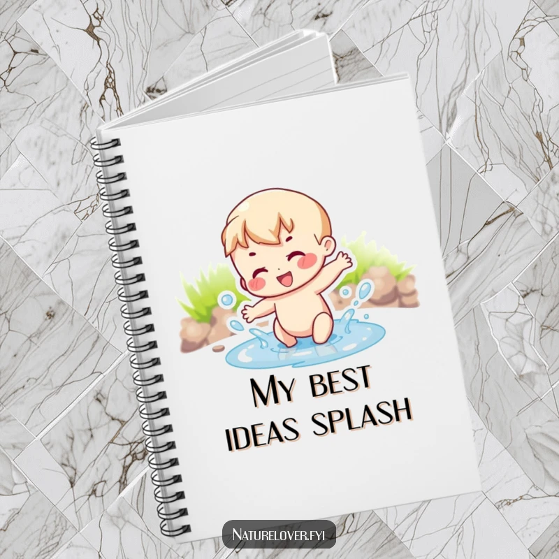Funny joyful character gleefully splashing in a small puddle, depicted on a durable notebook.