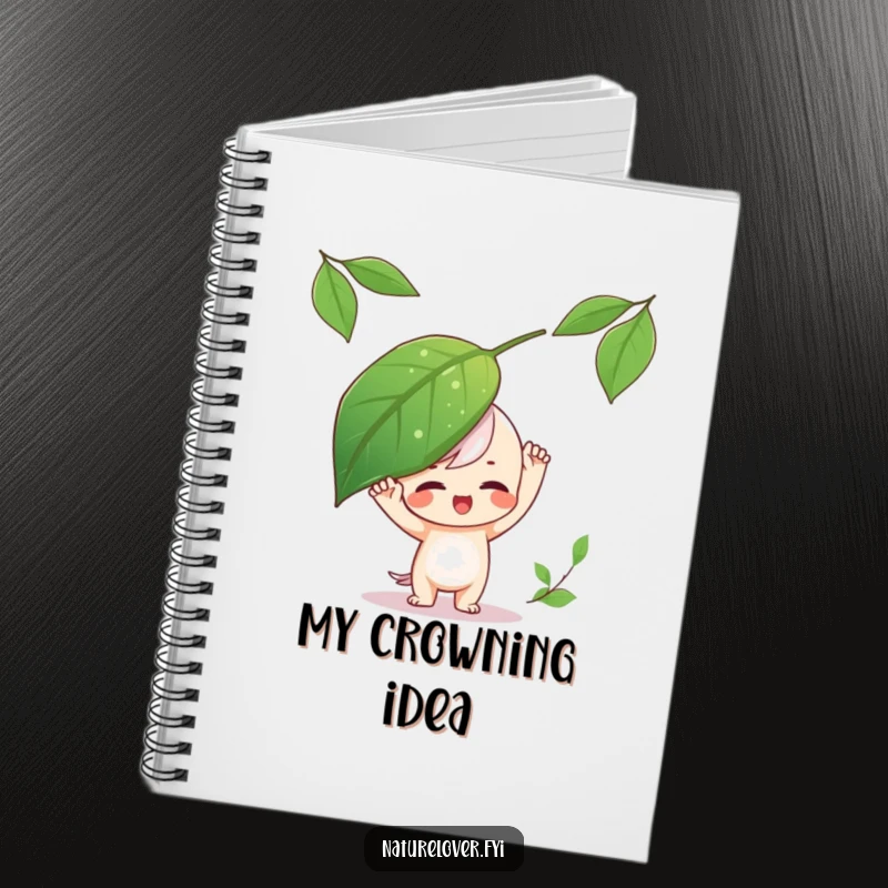 Funny Notebook cover art of a playful character balancing a large leaf on its head, perfect for notes.