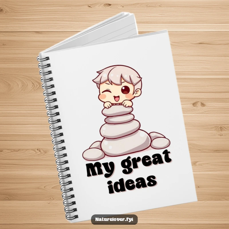 Funny notebook with a character winking while attempting to balance a pile of smooth stones, inspiring focused writing.