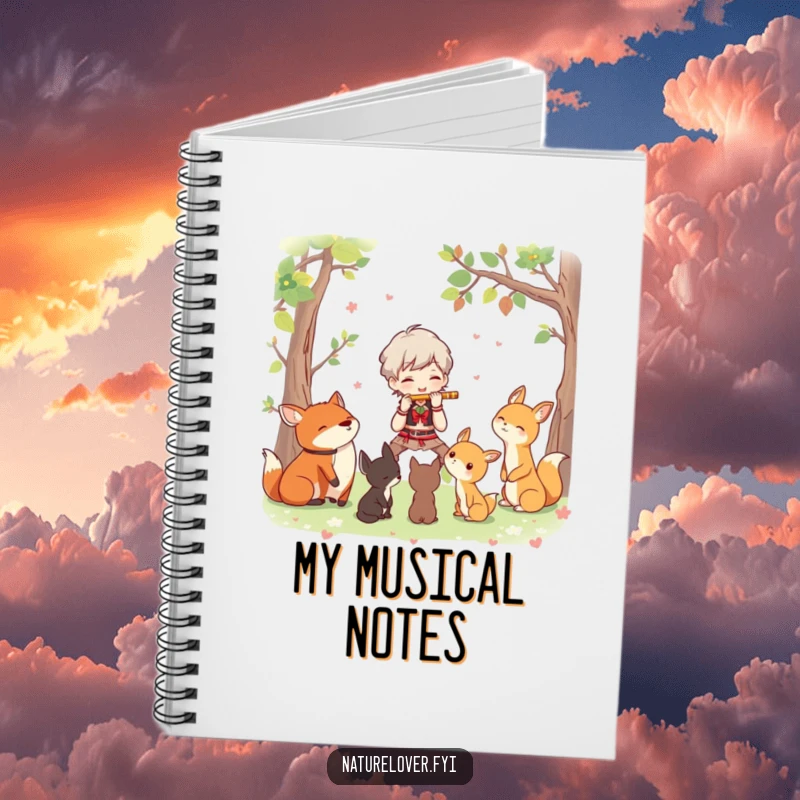 Funny notebook with a character joyfully playing a flute for a group of attentive woodland creatures, inspiring creativity.