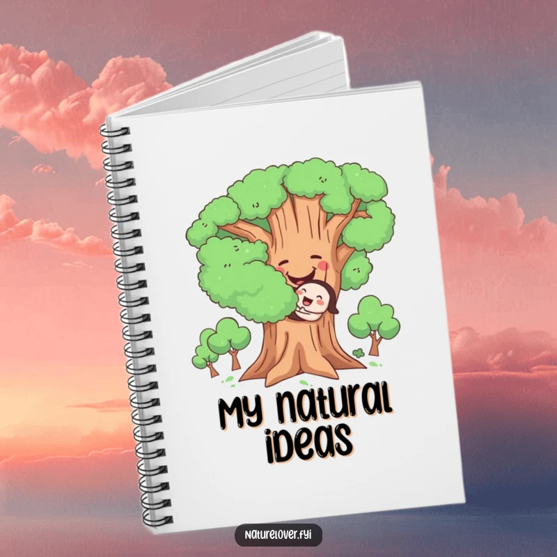 Funny Hugging Tree Notebook, journal with a cute character joyfully hugging a large, smiling tree, for nature journaling.