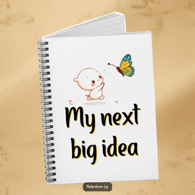 Funny kawaii character energetically chasing a large butterfly, inspiring creativity on this durable notebook.