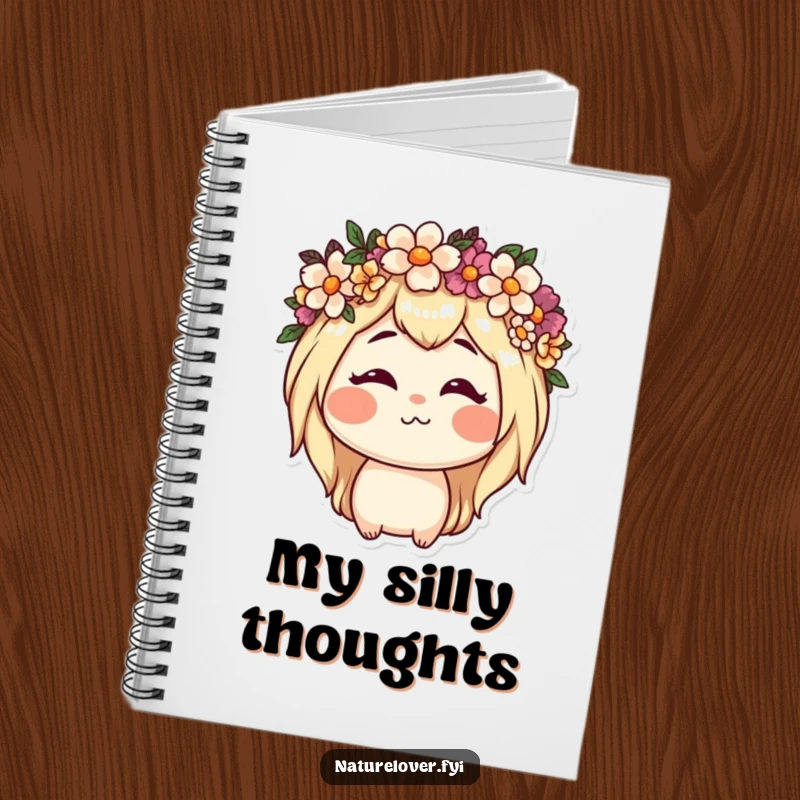 Funny notebook cover with a nature lover character wearing a flower crown and making a funny face, inspiring creative and floral thoughts.