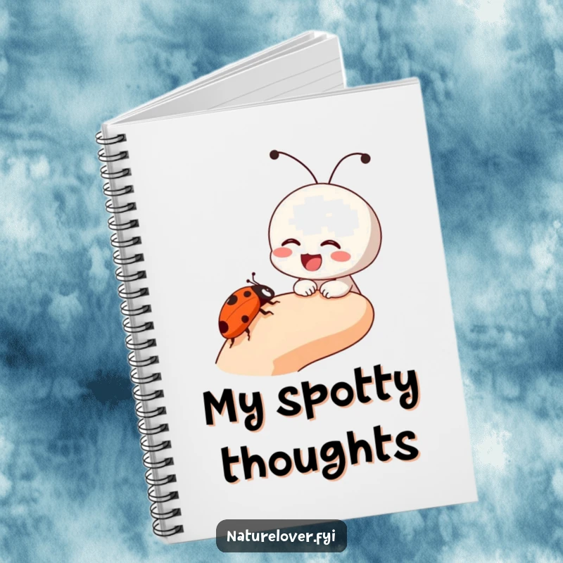 Funny notebook cover with a small character laughing as a ladybug crawls on its finger, perfect for jotting down ideas humorously.