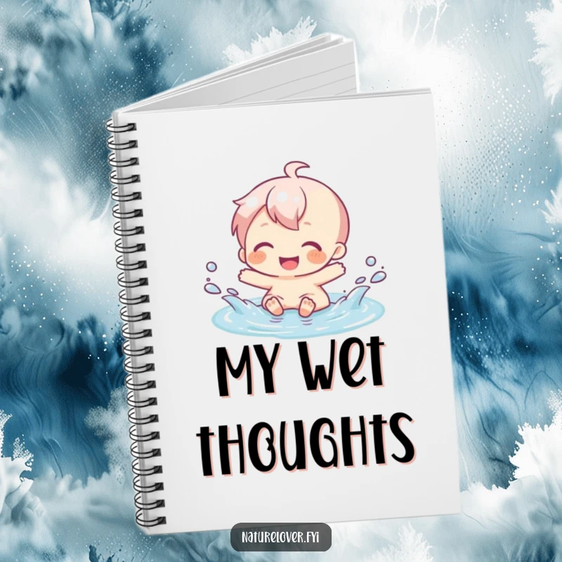 Funny notebook with a character gleefully splashing in a tiny puddle, ideal for jotting down happy thoughts.