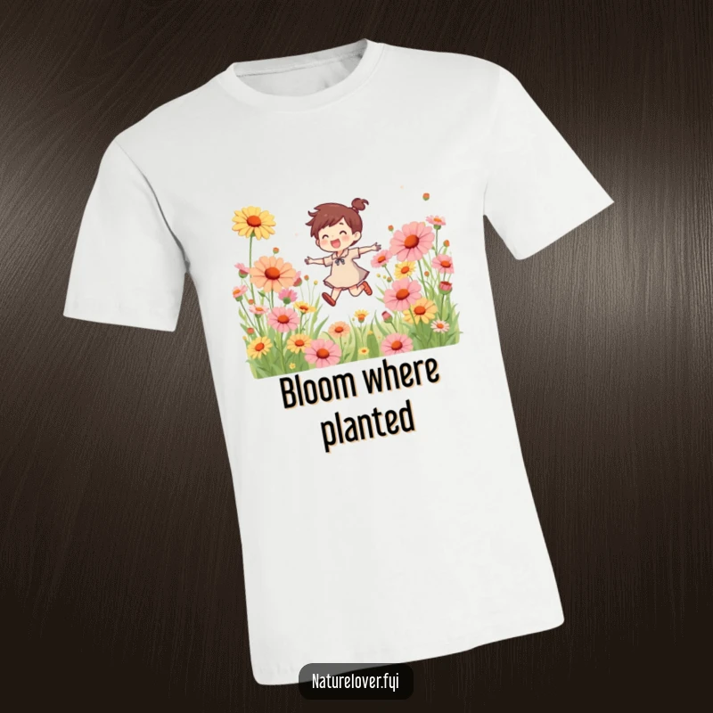 Funny t-shirt featuring a cheerful character skipping with abandon through a field of oversized, blooming wildflowers, expressing pure elation.
