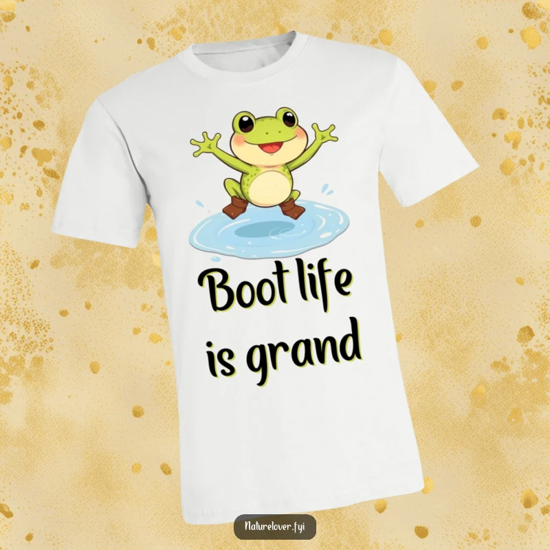 Funny frog t-shirt featuring a delighted frog in small boots, gleefully splashing in a massive puddle, perfect for rain lovers.