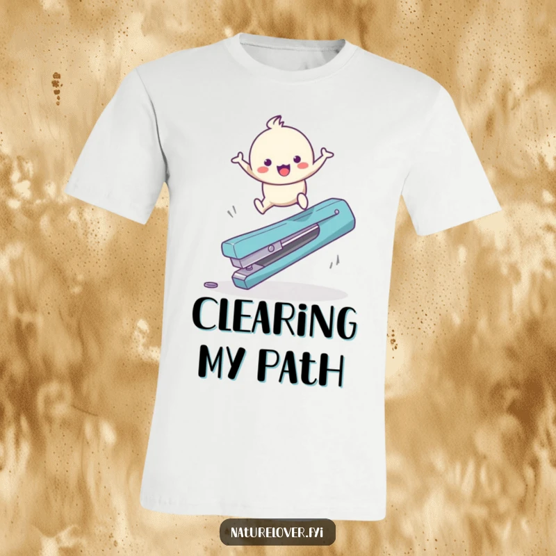 Funny T-Shirt: A cute character joyfully bounces over a fallen, giant twig, celebrating freedom and playfulness.