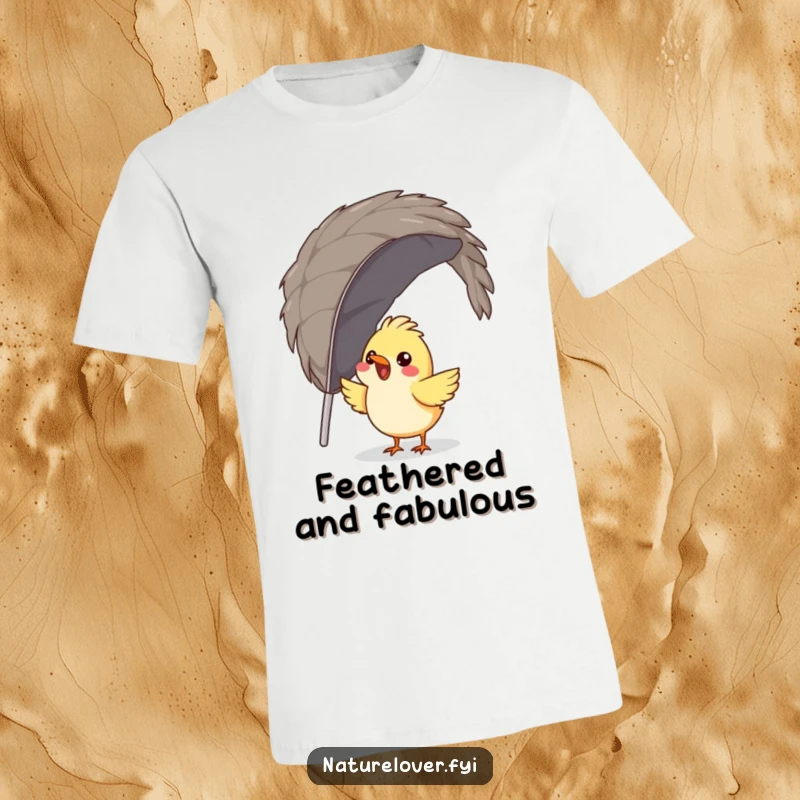 Funny bird t-shirt with a gleeful bird trying to construct a nest using one gigantic feather, perfect for humor lovers.