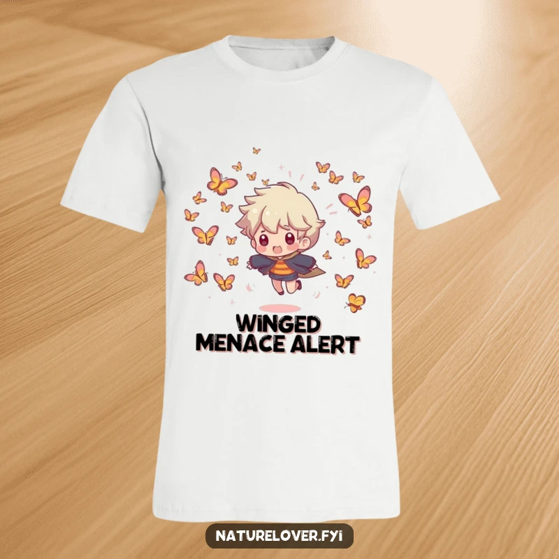 Funny t-shirt showing a character being joyfully chased by a swarm of tiny, smiling butterflies in a lighthearted scene.