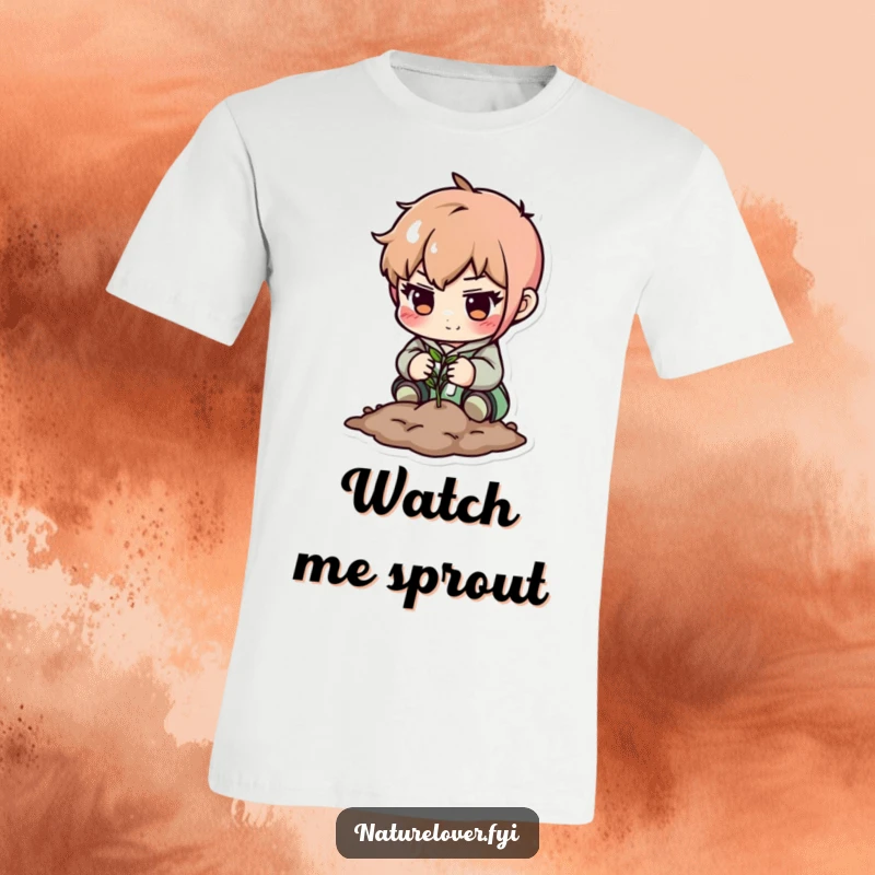 Funny t-shirt: cute character focused on planting a tiny seed carefully. Great for gardeners, funny gift.