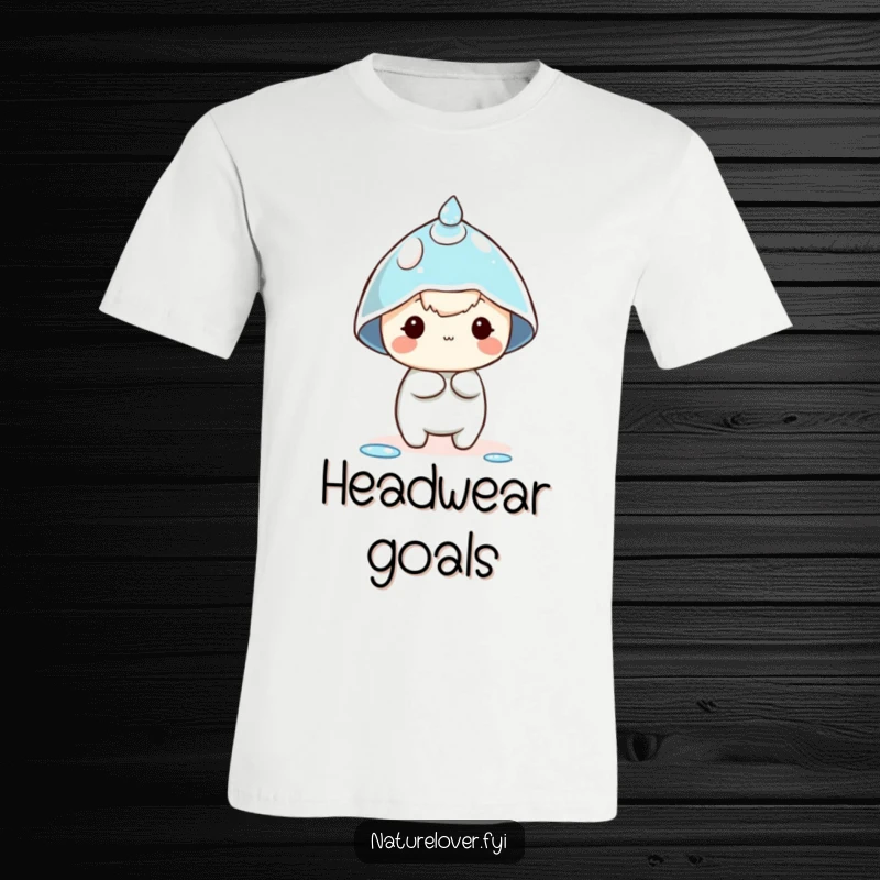 Funny dewdrop hat t-shirt with a tiny character comically attempting to wear a large dewdrop as a hat, showcasing playful mischief.