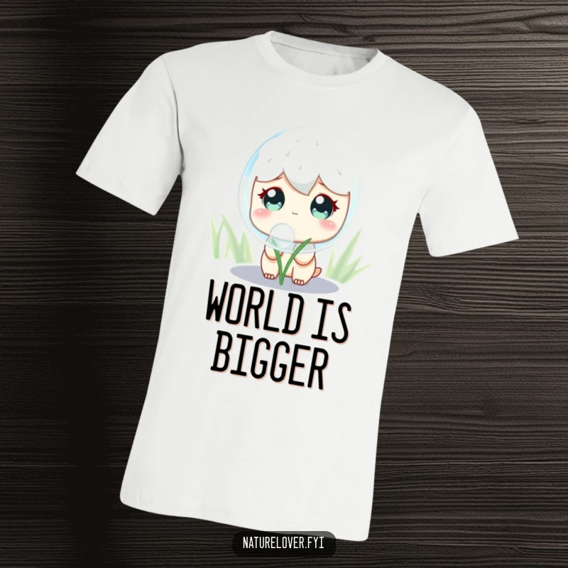 Funny T-Shirt: A cute character with wide, curious eyes gazes at a colossal, shimmering dewdrop, expressing curiosity and amazement.
