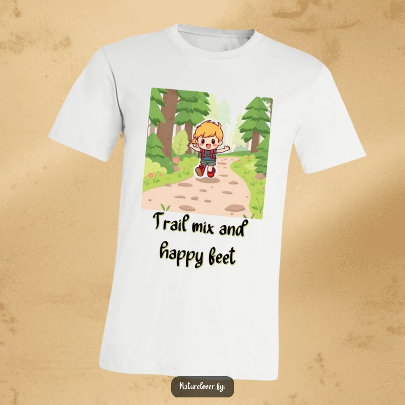 Funny T-shirt featuring a character wearing hiking boots, skipping with glee along a serene forest path.