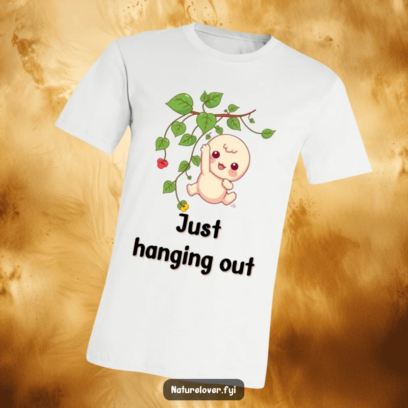 Funny t-shirt depicting a kawaii character playfully dangling from a vine, showcasing whimsical acrobatic fun.