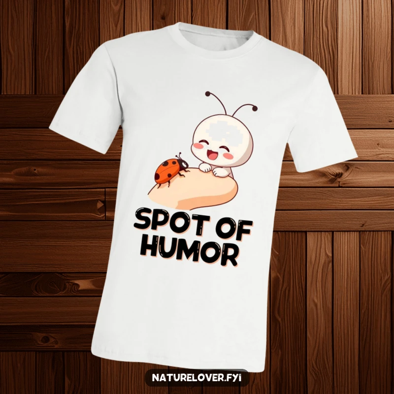Funny t-shirt depicting a small character laughing heartily as a ladybug crawls on its finger, embodying whimsical, humorous joy.