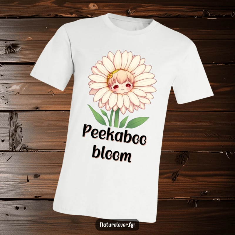 Funny t-shirt showing a nature lover character playfully peeking out from behind a giant daisy, embodying garden fun and curiosity.