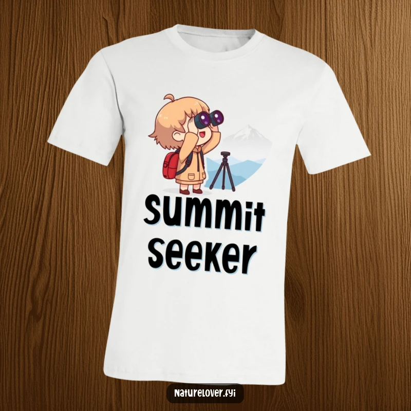 Funny t-shirt depicting a character using binoculars to excitedly view a silhouetted mountain, symbolizing funny aspiration and the call of the wild.