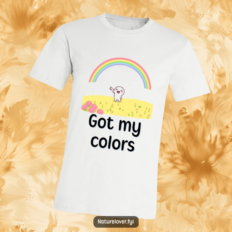 Funny t-shirt with a cheerful character enthusiastically pointing at a rainbow spreading across a scenic field, symbolizing joy and wonder.